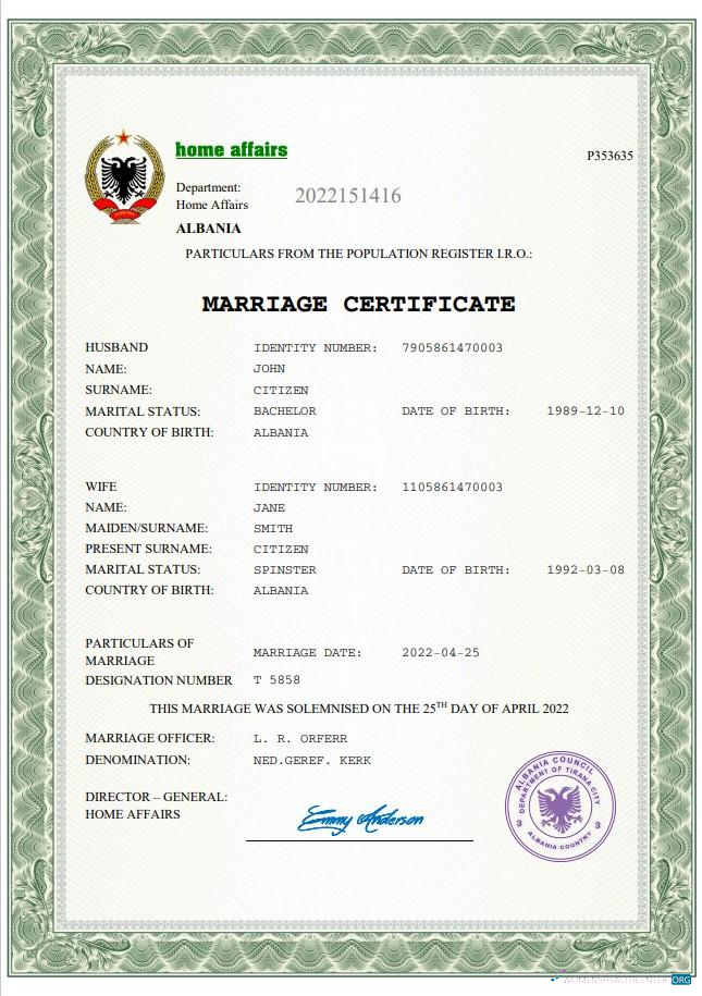 Download Albania marriage certificate Word Photoshop template